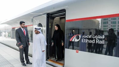 Hamad Mansour Albloushi took Etihad Rail's first passenger train from Fujairah to Abu Dhabi on Tuesday. Photo: Etihad Rail
