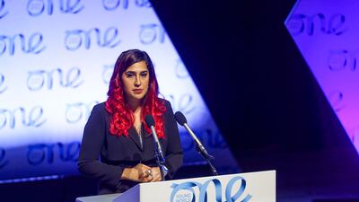 Rana Hajirasouli speaks during the One Young World Summit 2023 in Belfast. PA