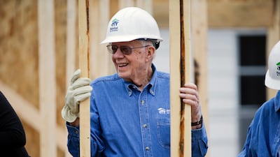 Former US President Jimmy Carter works at a Habitat for Humanity building site in Memphis, Tennessee, on November 2, 2015. AP