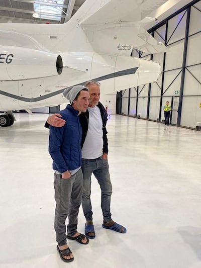 Bernard Phelan, right, and Benjamin Briere pose together at Le Bourget Airport. Photo: Briere family