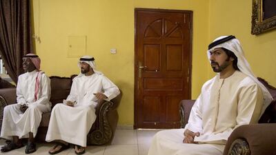 Sheikh Khalifa bin Tahnoon, Director of the Martyrs’ Families’ Affairs Office of the Abu Dhabi Crown Prince Court and Mohammed Al Mazrouei, Undersecretary of the Crown Prince Court of Abu Dhabi, offer condolences to the family of Nader Mubarak Eisa Soliman, who died while serving with the UAE Armed Forces in Yemen. Rashed Al Mansoori / Crown Prince Court - Abu Dhabi
