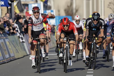 Pascal Ackermann crosses the finish line to win the 2022 Bredene Koksijde Classic. Photo: UAE Team Emirates/ SprintCyclingAgency