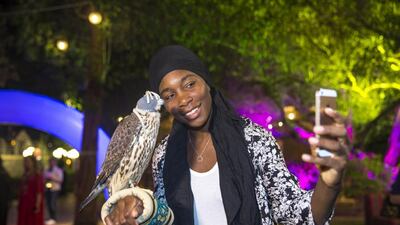 Venus Williams takes a selfie with a falcon during the ‘Players Party’ at the Aviation College. Courtesy Dubai Duty Free Tennis Championships