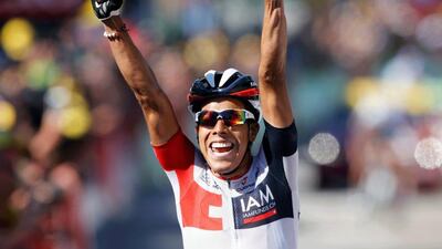 IAM team rider Jarlinson Pantano of Colombia wins on the finish line following the 160-kilometre Stage 15 from Bourg-en-Bresse to Culoz on Sunday. Jean-Paul Pelissier / Reuters