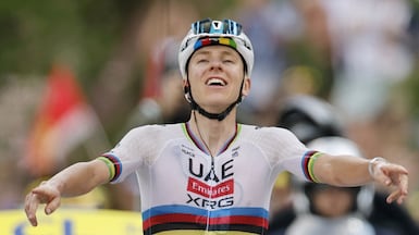Tadej Pogacar celebrates after crossing the finish line to win Stage 6 of the 2026 Tour de France. EPA