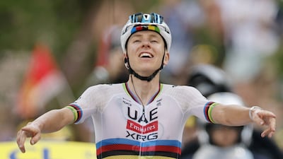 Tadej Pogacar celebrates after crossing the finish line to win Stage 6 of the 2026 Tour de France. EPA