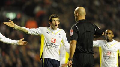 Spurs' Gareth Bale argues with referee Howard Webb after he awarded a penalty during the Premier League match against Liverpool at Anfield in January 2010. Getty