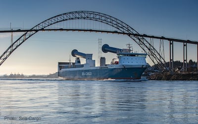 Norsepower's rotor sails can be folded to sail under bridges. Photo: Sea-Cargo