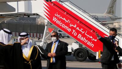 The Israeli flag carrier El Al's airliner carrying an Israeli delegation accompanied by the US treasury secretary is seen in Muharraq, Bahrain. Reuters
