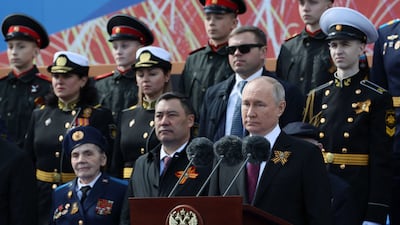 Russian President Vladimir Putin gives a speech during a Victory Day military parade in Moscow. AFP