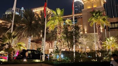 Lights against a dark background in this photo of The Palace Downtown hotel in Dubai, taken with the Samsung Galaxy Z Fold4.