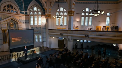 Hungarian Minister of Defence Kristof Szalay-Bobrovniczky speaks at a commemoration event at the Holocaust Memorial Centre in Budapest, Hungary. EPA