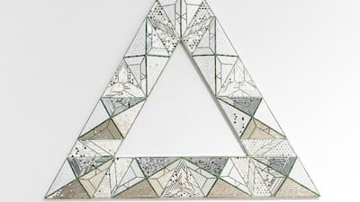 Monir Shahroudy Farmanfarmaian, Triangle (The Fifth Family) 2014, Mirror and reversed glass painting on plaster and wood. Courtesy The Third Line