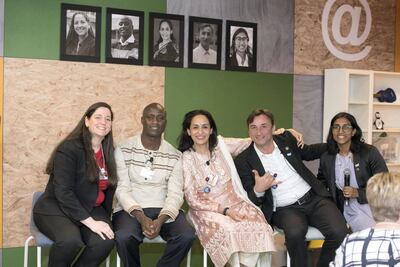 From left to right: Melissa Salguero, Bronx, New York, US; Peter Tabichi, Nakuru, Kenya; Swaroop Rawal, Gujarat, India; Vladimer Apkhazava, Chibati Public School, Georgia; Yasodai Selvakumaran, NSW, Australia