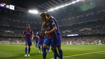 Barcelona’s Ivan Rakitic celebrates scoring in the 73rd minute to put Barcelona up 2-1. Susana Vera / Reuters