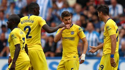 Jorginho of Chelsea celebrates with teammates after scoring his team's second goal. Getty Images
