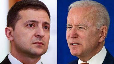 File picture created on July 21, 2021 shows Ukranian President Volodymyr Zelensky (L) in Riga, Latvia, on October 16, 2019; and US President Joe Biden speaking on June 4, 2021, at the Rehoboth Beach, Delaware, Convention Center. AFP