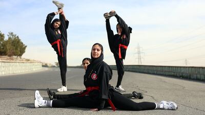 Iranian stuntwomen pose during a training session in Tehran. EPA