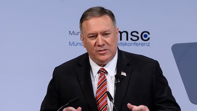 US Secretary of State Mike Pompeo addresses the 56th Munich Security Conference on February 15, 2020. via AP