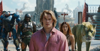From left: Roboto (Kristen Wiig), Man At Arms (Idris Elba), Adam (Nicholas Galitzine), Teela (Camila Mendes) and Cringer in Masters of the Universe. Photo: Amazon MGM Studios