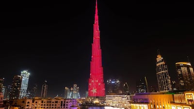 Burj Khalifa displays the Chinese flag in celebration of the country's 70th National Day. Courtesy Sheikh Mohammed bin Rashid Twitter