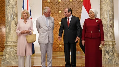 Prince Charles and Camilla, Duchess of Cornwall, wearing a pale pink Anna Valentine tunic and trousers, meet Egypt's President Abdel Fattah El Sisi and the first lady Entissar Amer, at Al-Ittihadiya Palace in Cairo on November 18, 2021. Reuters