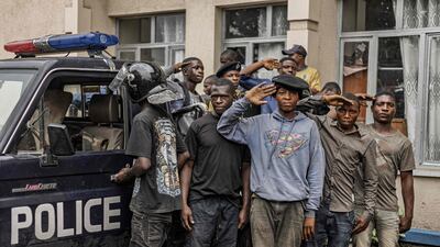 A group of prospective police recruits, ready to be enrolled in the M23-controlled force, salute in Goma in the eastern Democratic Republic of Congo. The ‘takeover’ and subsequent appointments by the Rwandan-backed armed group means the city now has two officials for many public posts. AFP