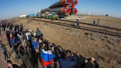 The Soyuz MS-15 spacecraft for the new International Space Station (ISS) crew, comprising Jessica Meir of the US, Oleg Skripochka of Russia and Hazza Al Mansouri of UAE, is transported from an assembling hangar to the launchpad ahead of its launch, at the Baikonur Cosmodrome in Kazakhstan on September 23, 2019. Shamil Zhumatov / Reuters