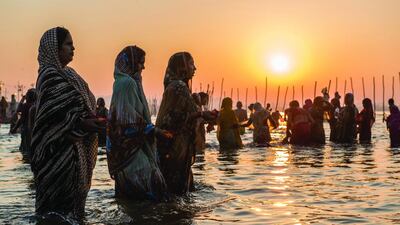 Hindu devotees bathe during the Maha Kumbh Mela in February in Allahabad, India. Olivier Hoffschir/Demotix/Corbis