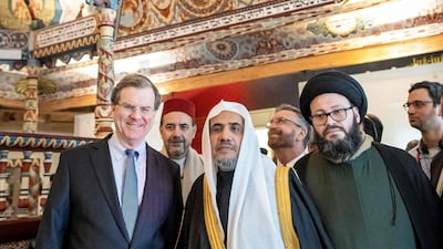 David Harris, Mohammad Abdulkarim Al Issa and a member of the Muslim delegation visit the POLIN Museum of the History of Polish Jews in Warsaw. AFP