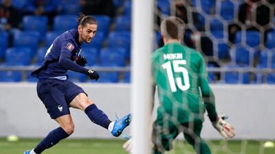 France's Adrien Rabiot shoots at goal. AP