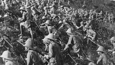 'They press on, the true bull dog rush of our troops at Gallipoli', Turkey, World War I, 1915. The Allied assault on Gallipoli was chaotic, bloody and dogged by poor planning and provided much material for war writers. The Print Collector / Print Collector / Getty Images