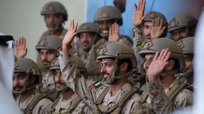 Sheikh Zayed bin Hamdan, centre, and other members of the Presidential Guard at the inauguration of the Joint Fires Wing of the Presidential Guard Training Institute, at Mahawi Military Camp, March 06, 2017. Rashed Al Mansoori / Crown Prince Court - Abu Dhabi