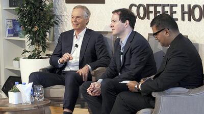 Tony Blair, former British Prime Minister and George Osborne addresses survivors of the Florida school massacre at the Global Education and Skills Forum in Dubai. Satish Kumar for The National