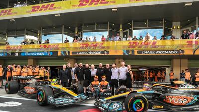McLaren Team yearl ender photo session with Daniel Ricciardo and Lando Norris on championship day behind the Pit Lane Walk at the Yas Marina Circuit in Abu Dhabi. Victor Besa / The National