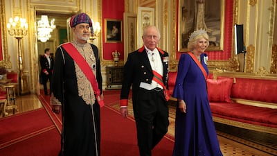 Sultan Haitham, King Charles and Queen Camilla arrive for a state banquet at Windsor Castle. Getty Images