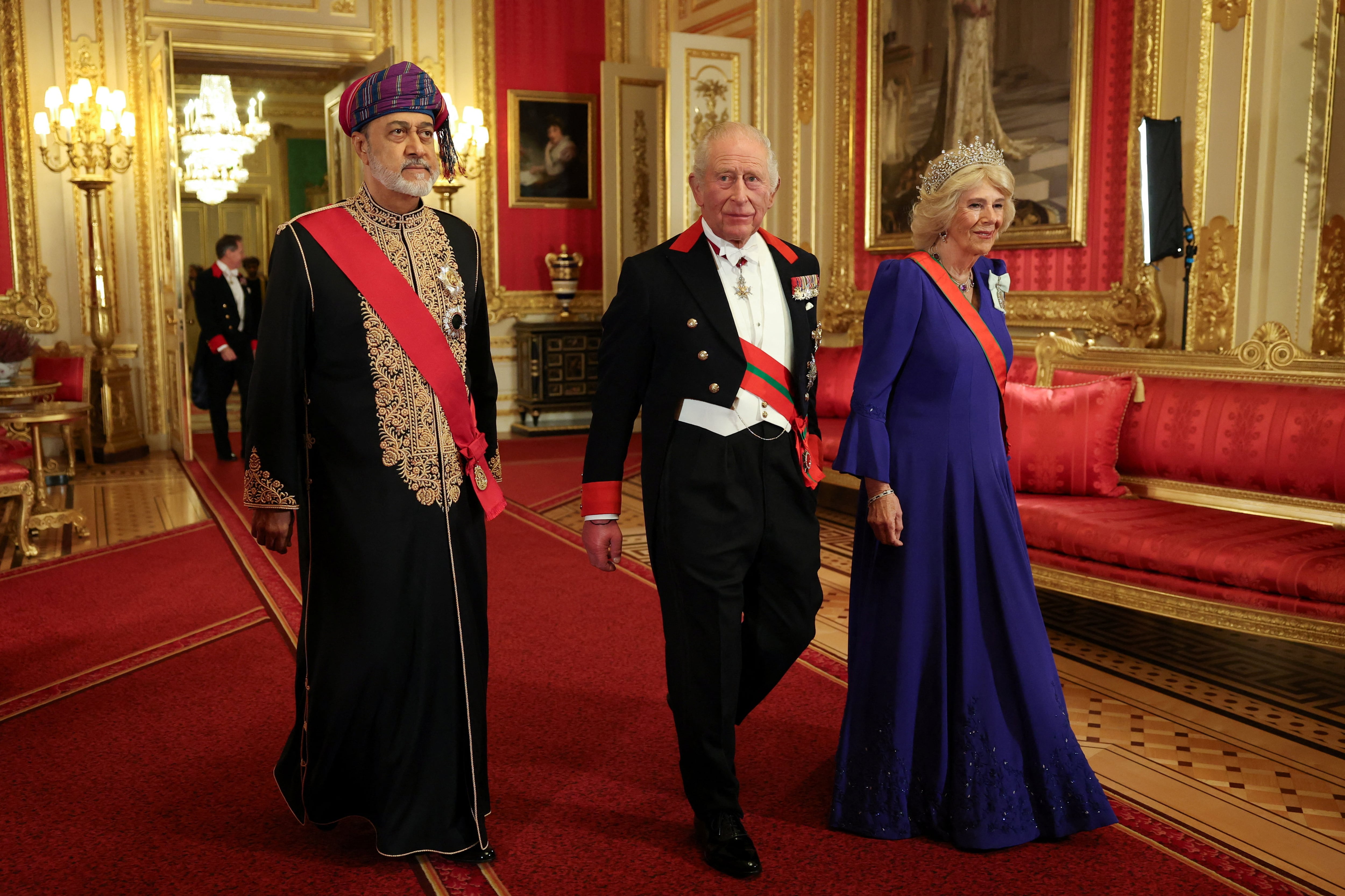 Sultan Haitham, King Charles and Queen Camilla arrive for a state banquet at Windsor Castle. Getty Images