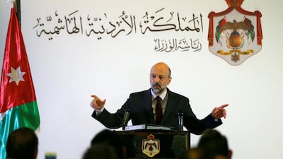 Jordan's Prime Minister Omar Razzaz speaks to the media during a news conference in Amman. Reuters, file