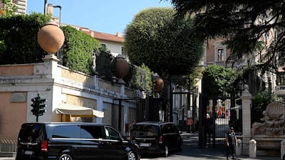 A motorcade arrives at the US Embassy in Rome on Tuesday as Lebanese and Israeli delegations begin a new round of talks. AFP