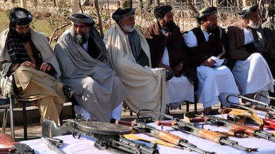 Former insurgents surrender their weapons during a reconciliation ceremony in Herat, Afghanistan, 23 January 2019. EPA