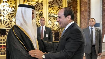 Sheikh Saif bin Zayed, Deputy Prime Minister and Minister of Interior (L) greets Abdel Fattah El Sisi, President of Egypt (R), at the Presidential Airport. Mohamed Al Hammadi / Ministry of Presidential Affairs
