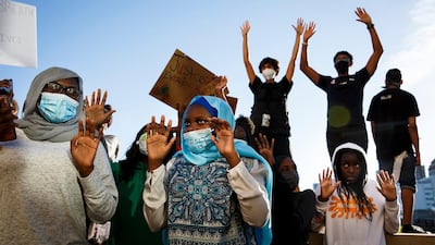People gather for a peaceful rally in support of George Floyd in front of the police station in Des Moines, Iowa. Floyd died earlier this week in police custody in Minneapolis. AP