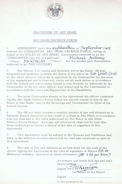 The one-page main employment contract for a British contract officer in the Abu Dhabi Defence Force, 1969 Photo: Dr Athol Yates
