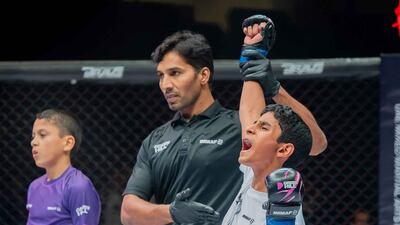 UAE’s Saif Al Blooshi, right, won gold at the IMMAF Youth World Championships at the Mubadala Arena. Photo: @UAEMMAF / Twitter
