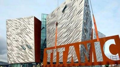 A 15-tonne steel sign is lowered into place in front of the Titanic building in Belfast. PA Wire/Press Association Images
