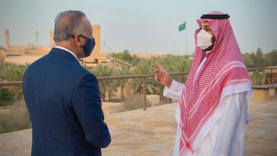 Prince Mohammed and Mr Al Kadhimi at Ad Diriyah during the Iraqi prime minister's visit to Saudi Arabia. Reuters