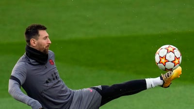 PSG's Lionel Messi controls the ball during a training session at the Bernabeu stadium in Madrid ahead of the Champions League clash with Real. AP