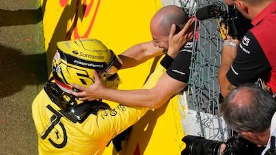 Charles Leclerc of Monaco celebrates after securing pole position. AP