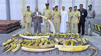 Brig Gen Ali Lahej and colleagues with the 300 kilos of ivory which was confiscated by airport officials. Courtesy Al Ittihad