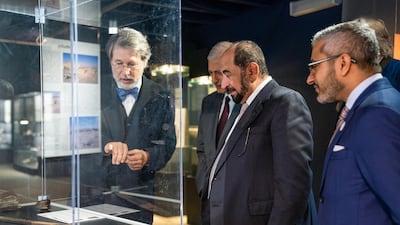 Sheikh Sultan toured the exhibition and inspected works on display, which constitute 32 different ancient pieces from Mleiha - one of the UAE's most important archaeological areas.